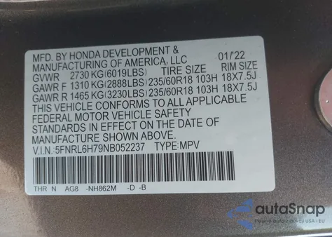 2022 Honda Odyssey Ex-L from USA, damaged, VIN 5FNRL6H79NB052237